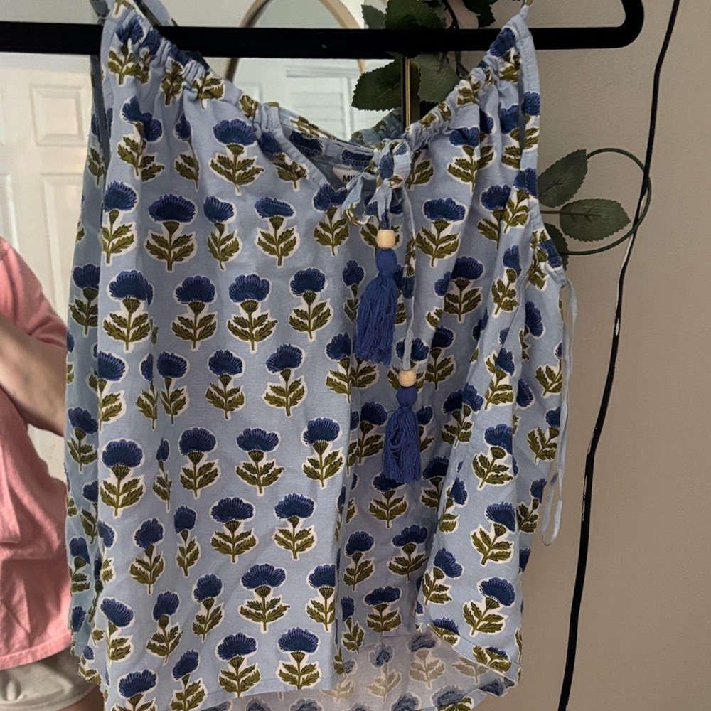 Blue Floral Tassel Drawstring Mini Skirt